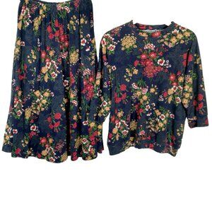 Vintage Large Skirt And Shirt Knit Outfit Set Blue Floral Cottagecore Soft USA